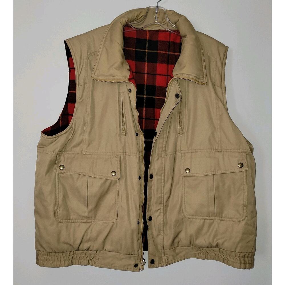 TimberTrail Mens XL Beige Red Black Buffalo Plaid Insulated Reversible Vest Hunt